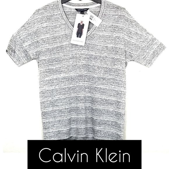 CALVIN KLEIN BNWT Grey White Stripe V neck Kinit - Picture 1 of 7